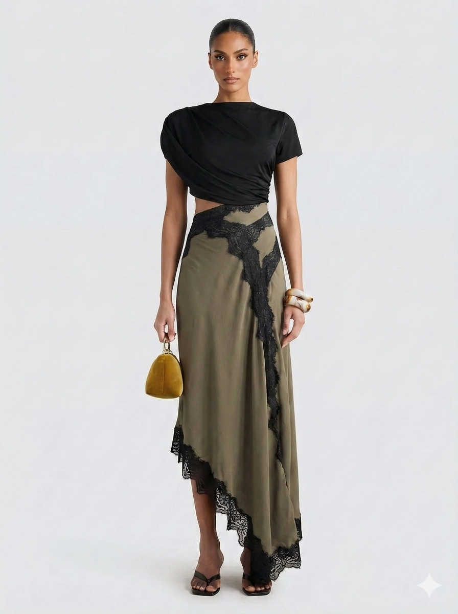 Griselune - Women's set asymmetrical black top and elegant lace maxi skirt