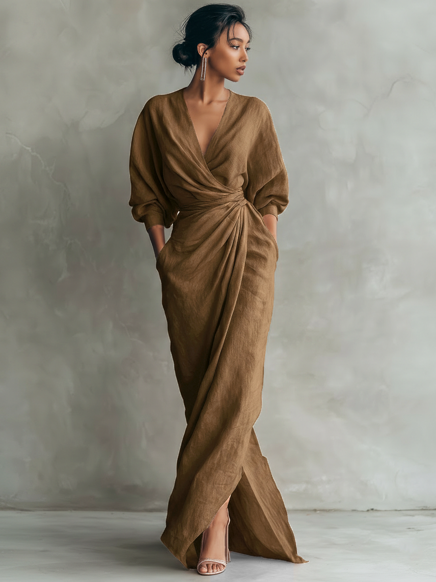 Talyvora - Women's Elegant Linen Maxi Dress with V-neck