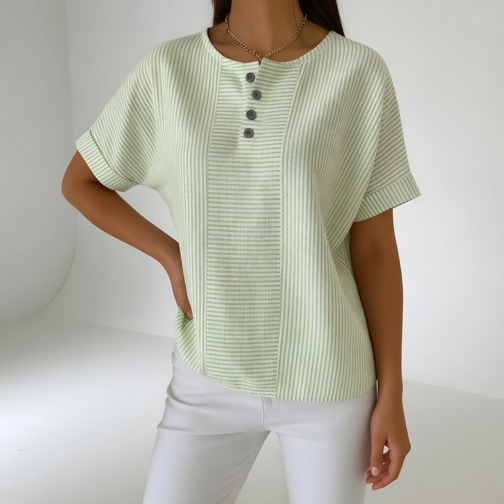 Dovinia - Women's striped linen short sleeve flowy casual summer blouse