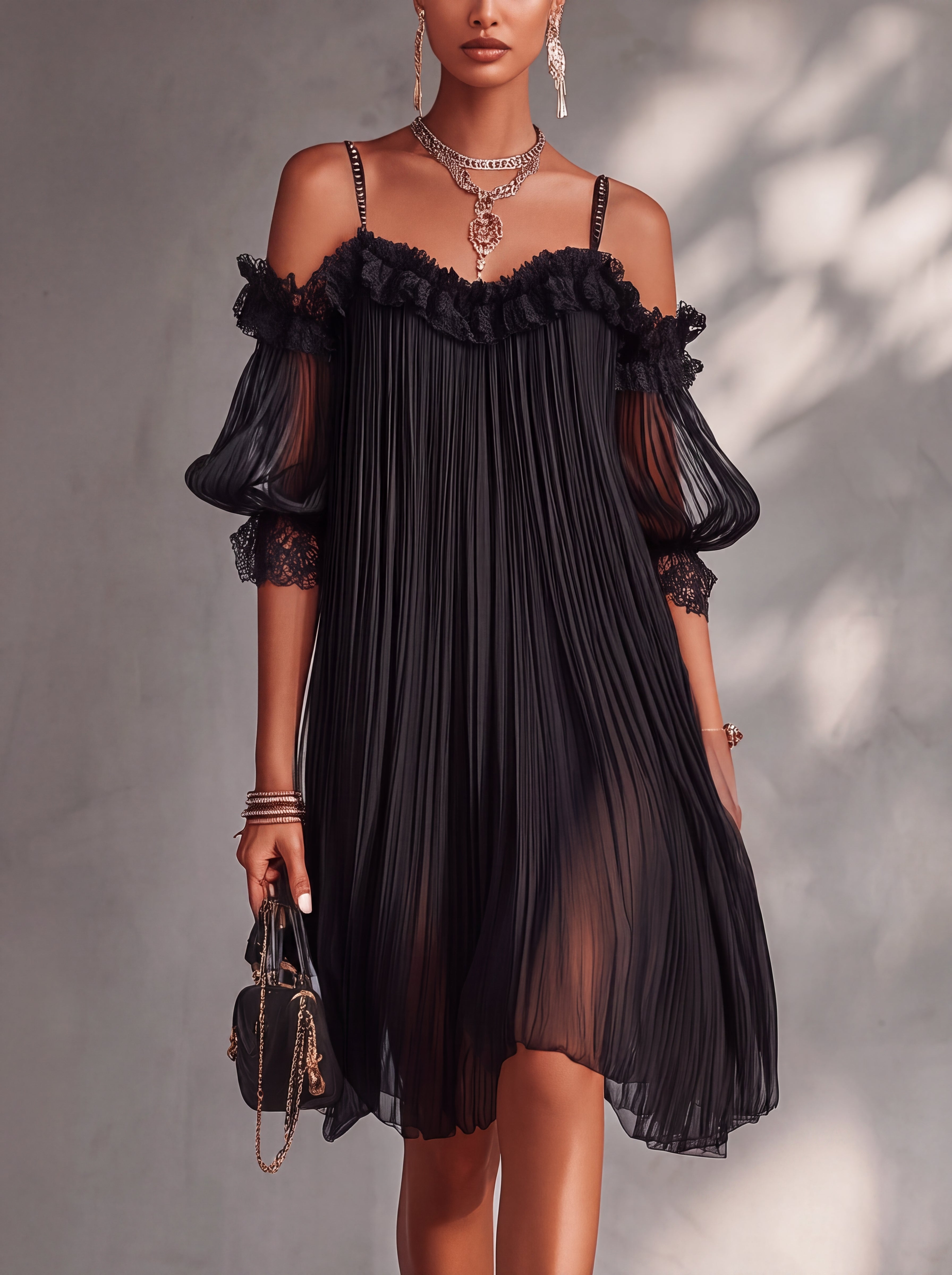Ksenia - Mini robe noire femme en chiffon à épaules dénudées avec dentelle