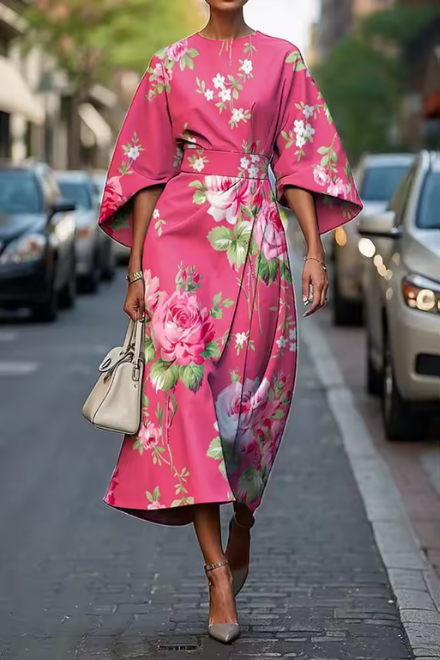 Havirelle - Elegant Women's Floral Midi Dress with Flowy Sleeves and Artistic Print