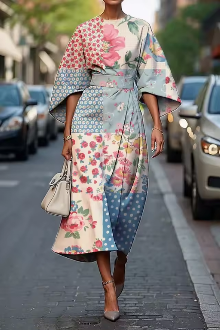 Havirelle - Elegant Women's Floral Midi Dress with Flowy Sleeves and Artistic Print