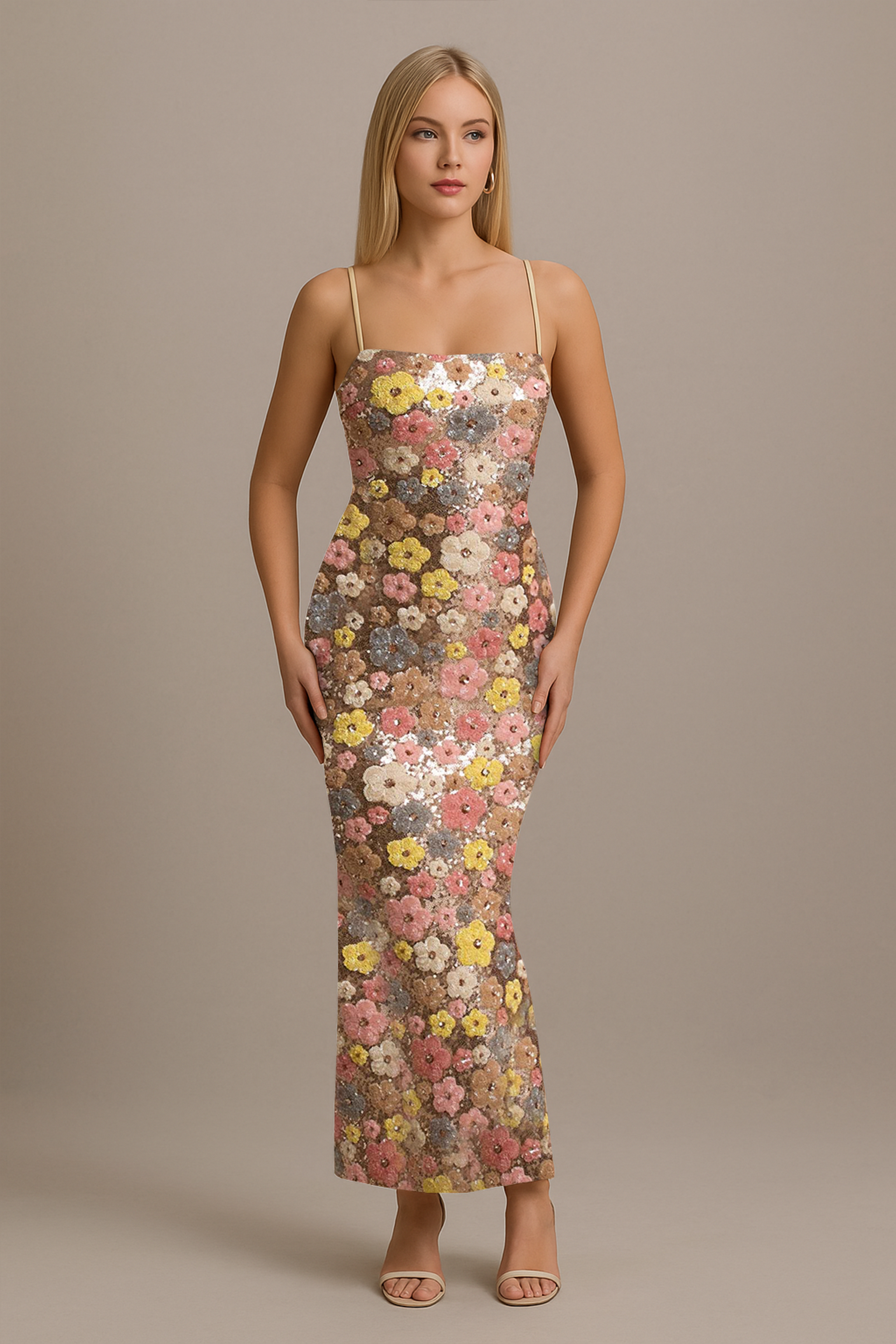 Lunovelle - Women's Elegant Floral Long Dress with Thin Straps