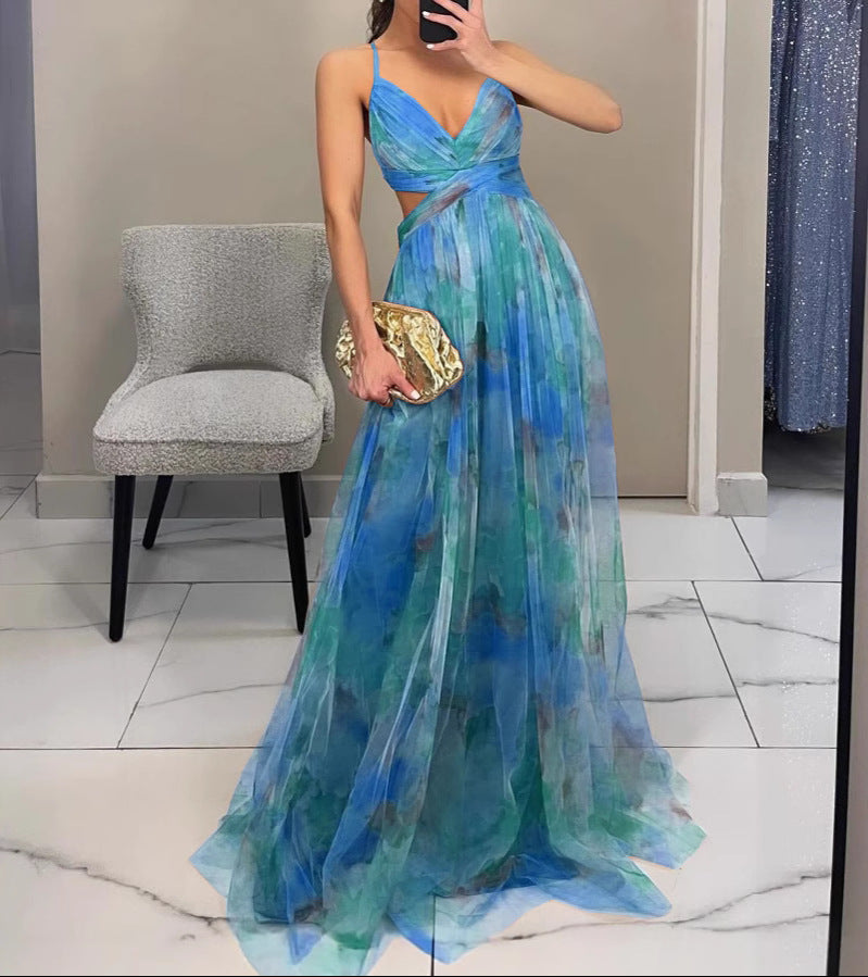 Helena - Women's Flowy Maxi Dress V-Neck Thin Straps Floral Elegance