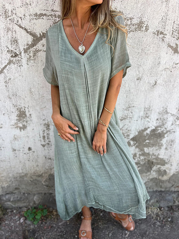 Fiorina - Loose Cotton and Linen V-Neck Dress