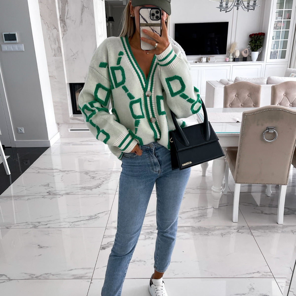Aliza - Contrasting V-Neck Knit Cardigan