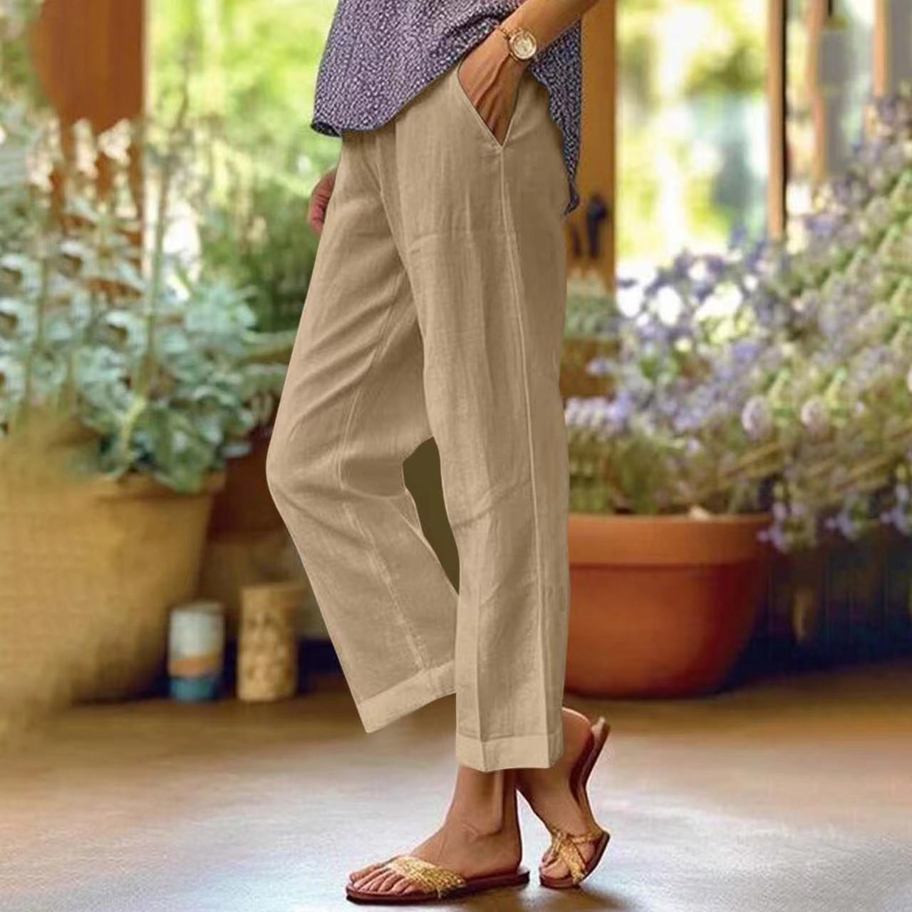 Ixoriae - Loose Cotton and Linen Trousers with Elastic Waist