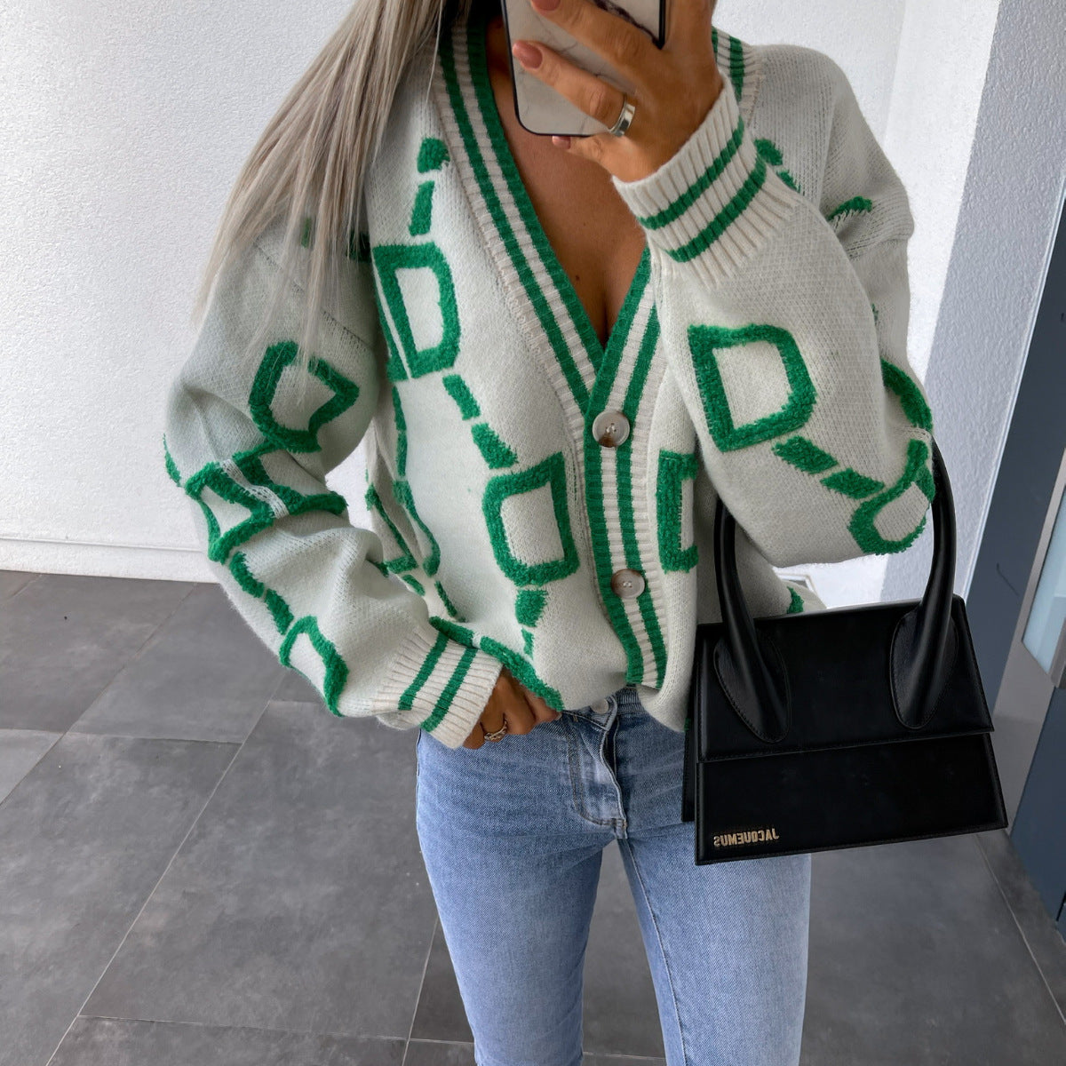 Aliza - Contrasting V-Neck Knit Cardigan