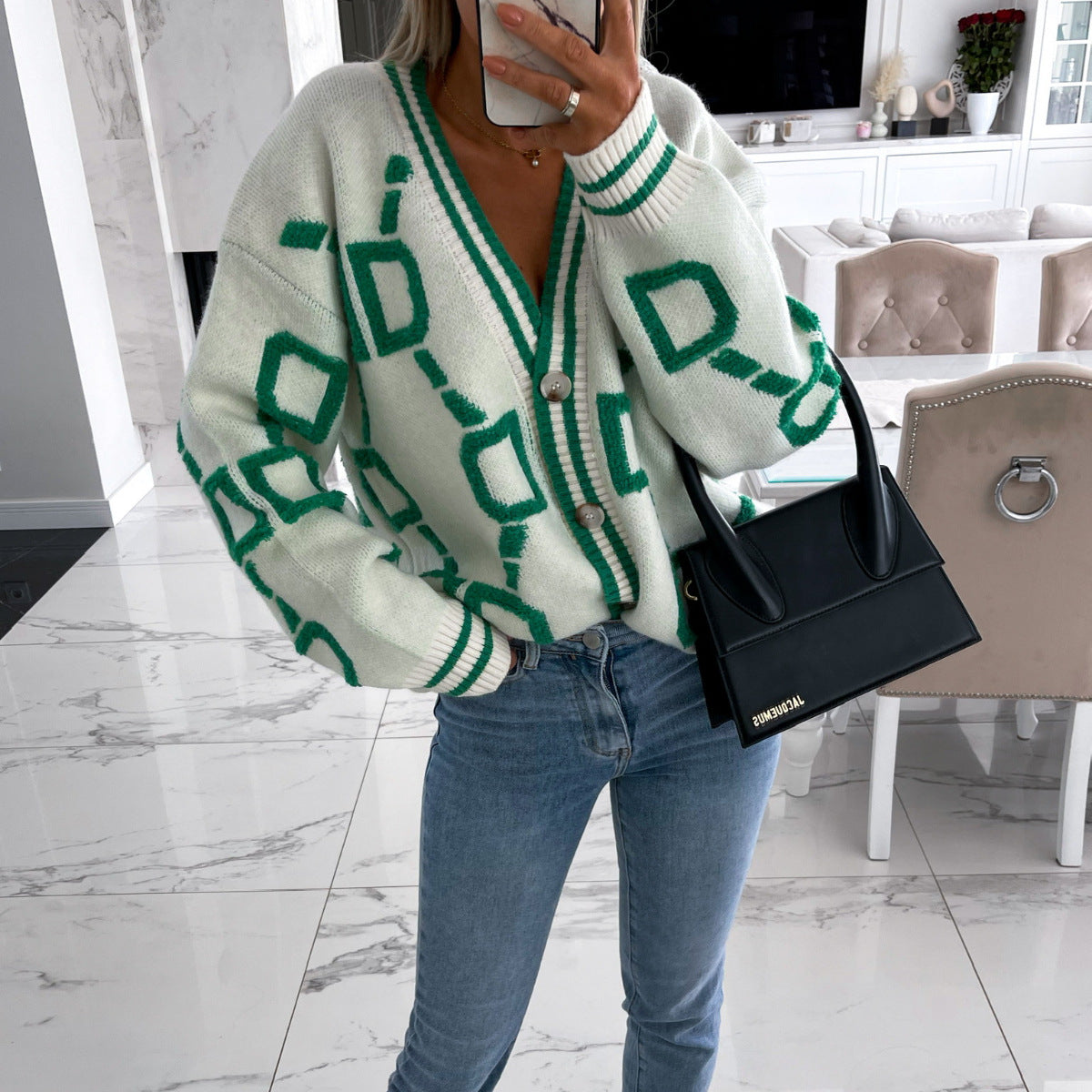 Aliza - Contrasting V-Neck Knit Cardigan