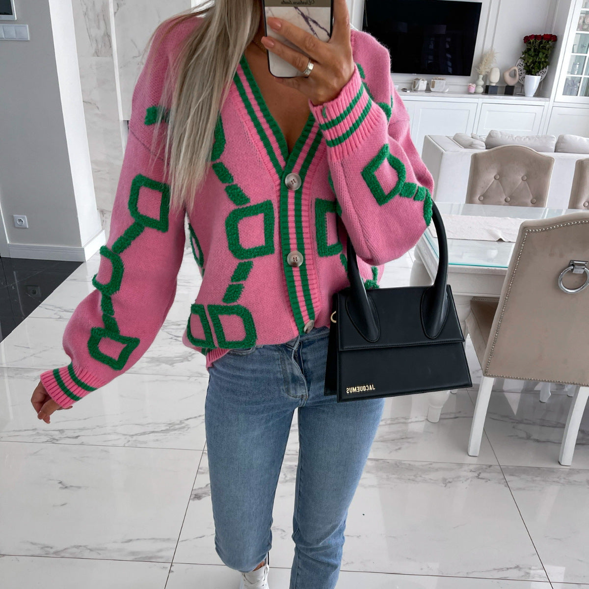 Aliza - Contrasting V-Neck Knit Cardigan