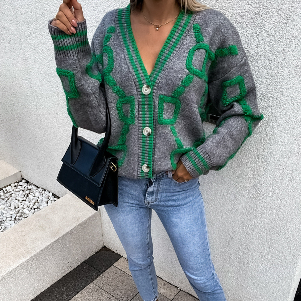 Aliza - Contrasting V-Neck Knit Cardigan