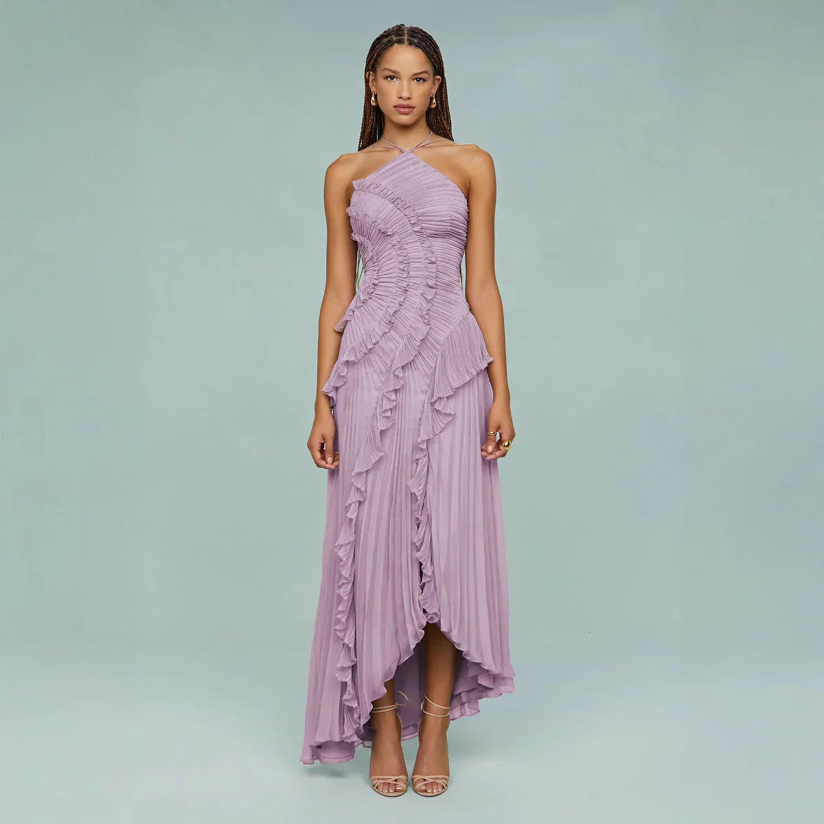 Bravielle - Women's long pleated dress with elegant asymmetric ruffles