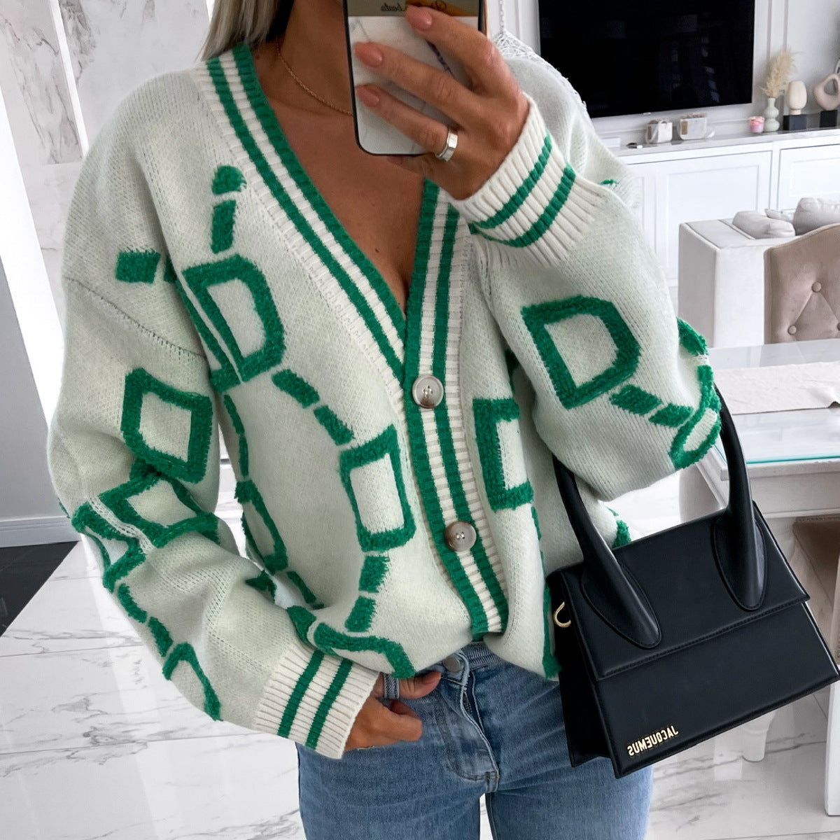 Aliza - Contrasting V-Neck Knit Cardigan