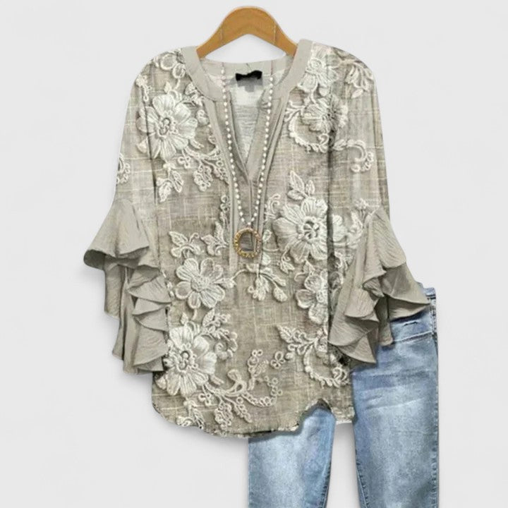 Myravelle - Elegant Women's Bohemian Printed Blouse with Flounced Sleeves