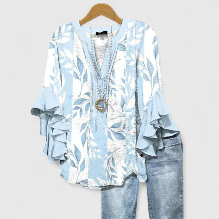 Myravelle - Elegant Women's Bohemian Printed Blouse with Flounced Sleeves