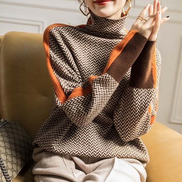Marivelle™ - Women's Mock Neck Sweater with Contrast Stripes
