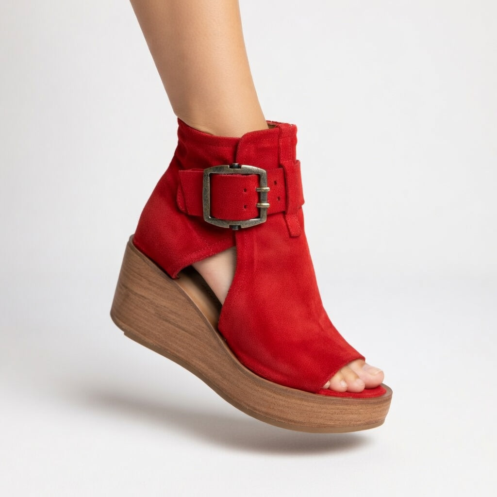 Kalyne - Women's suede open-toe wedge sandals with ankle buckle