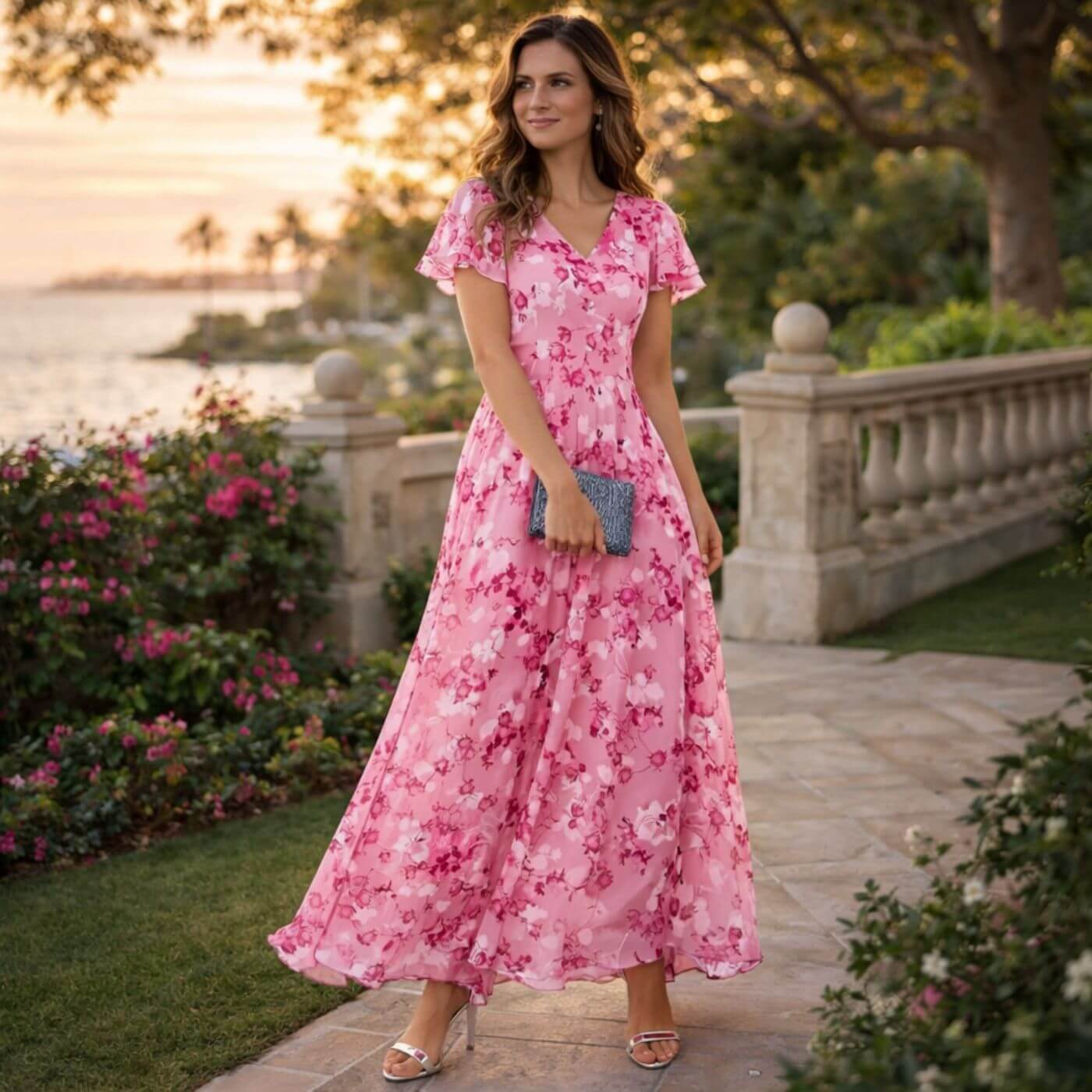 Sorevixa - Women's Elegant Floral V-Neck Flowy Maxi Dress