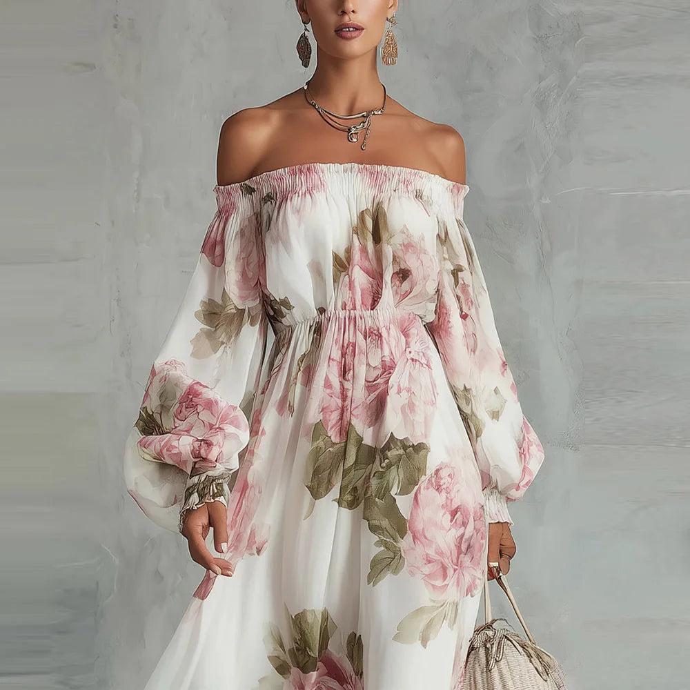 Douceline - Robe maxi fleurie femme épaules dénudées