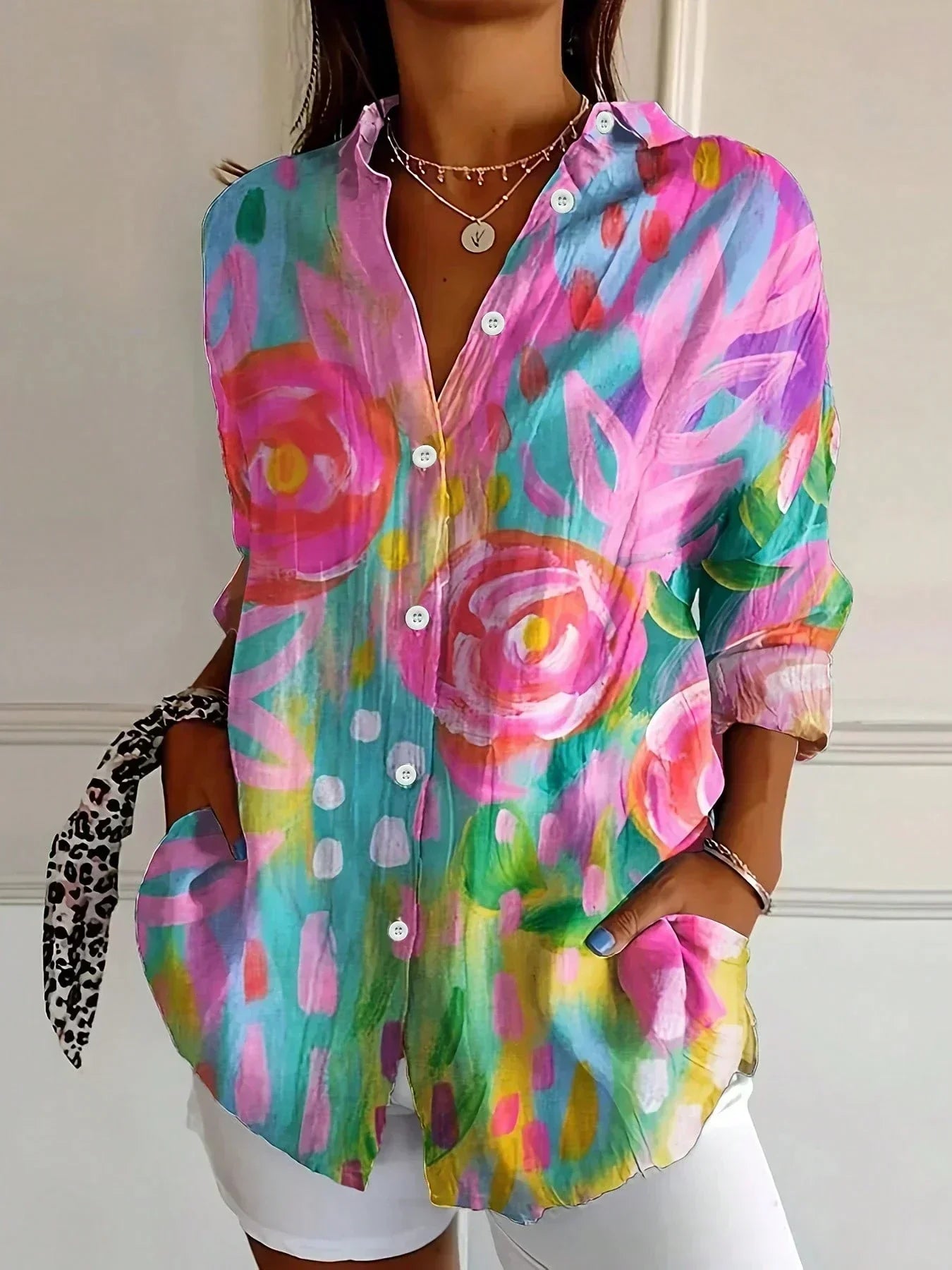 Myzelle - Women's Flowy Printed Long Sleeve V-Neck Button-Up Blouse Elegant