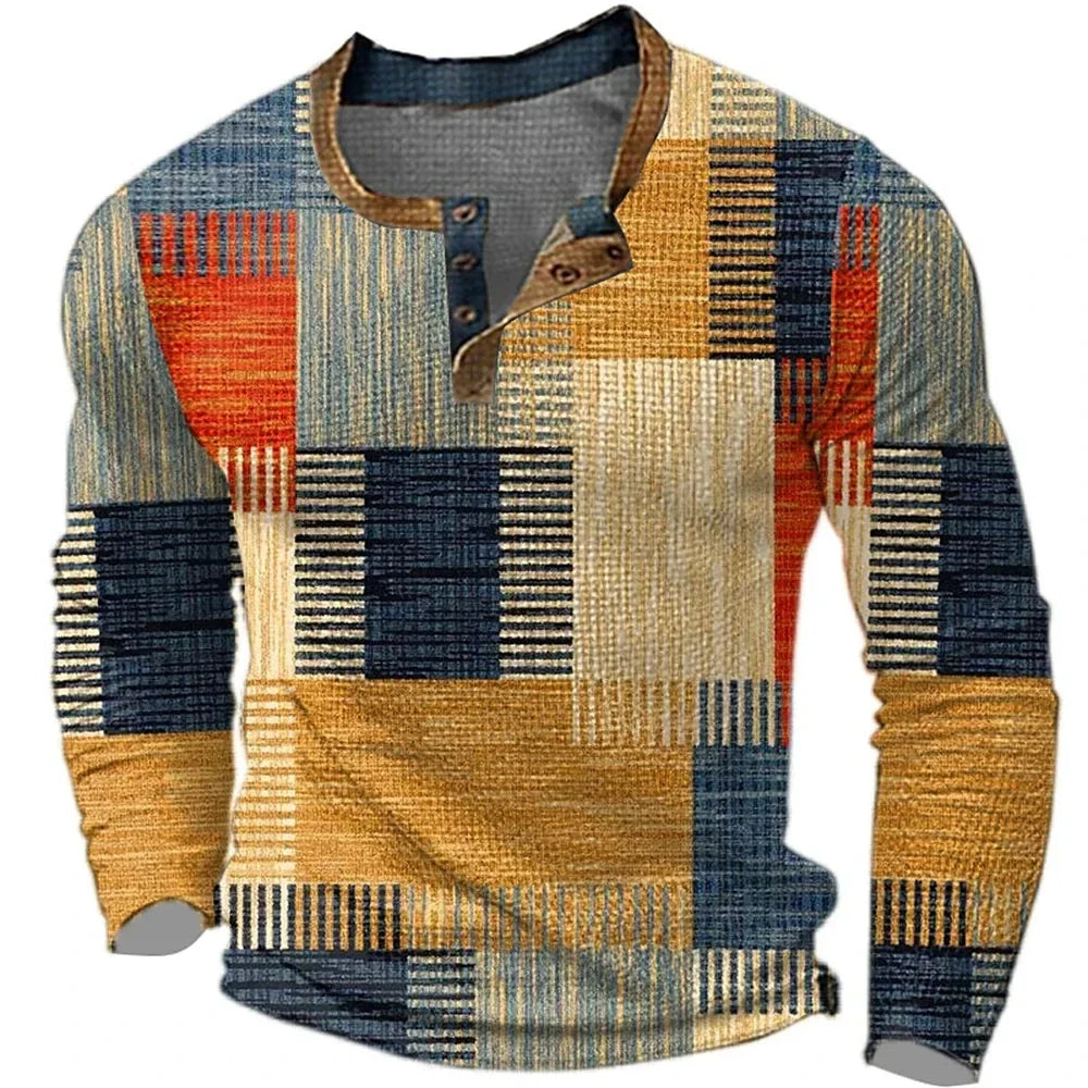 Damian - Men's long-sleeve geometric print Henley neck t-shirt