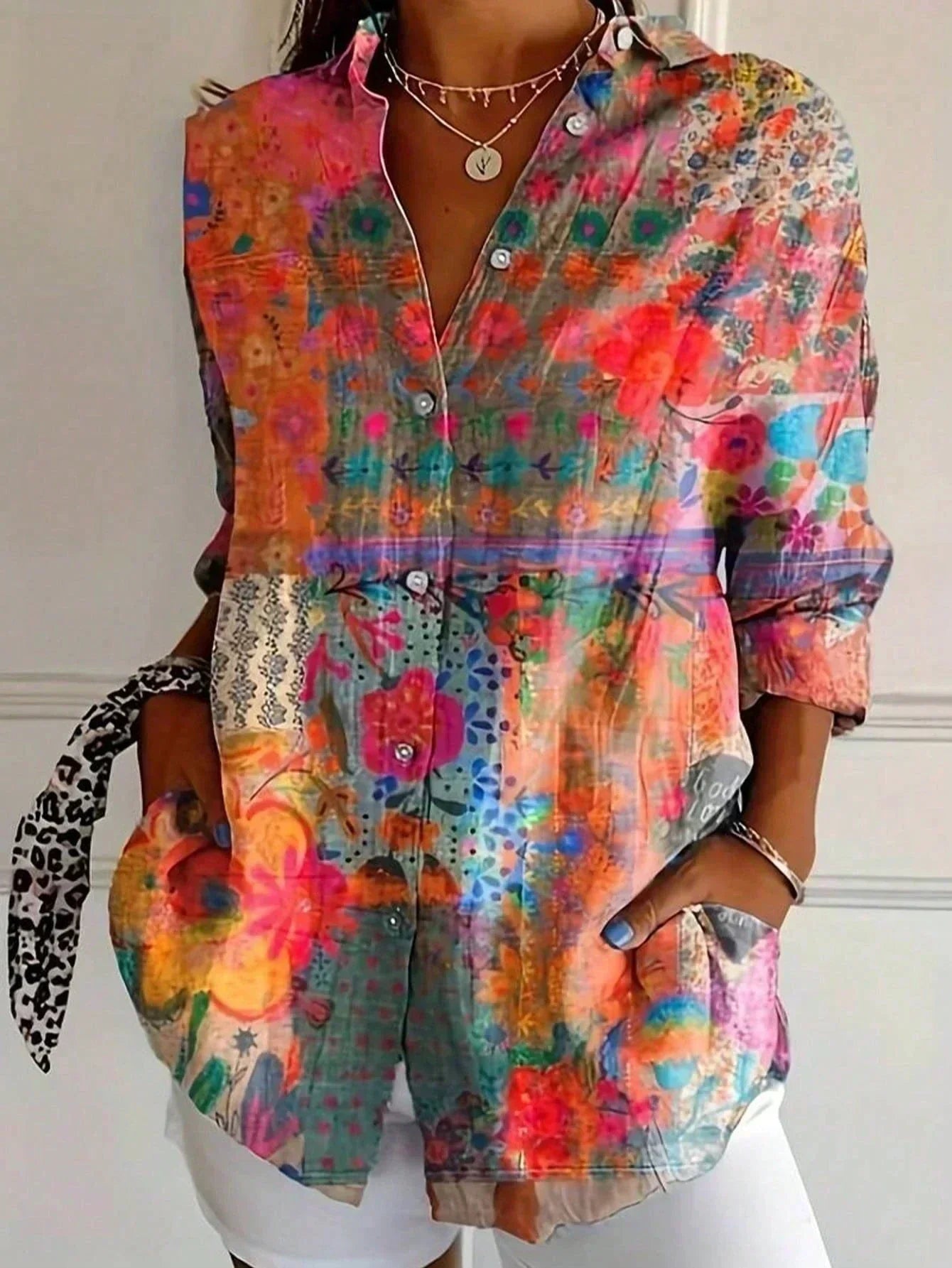 Myzelle - Women's Flowy Printed Long Sleeve V-Neck Button-Up Blouse Elegant