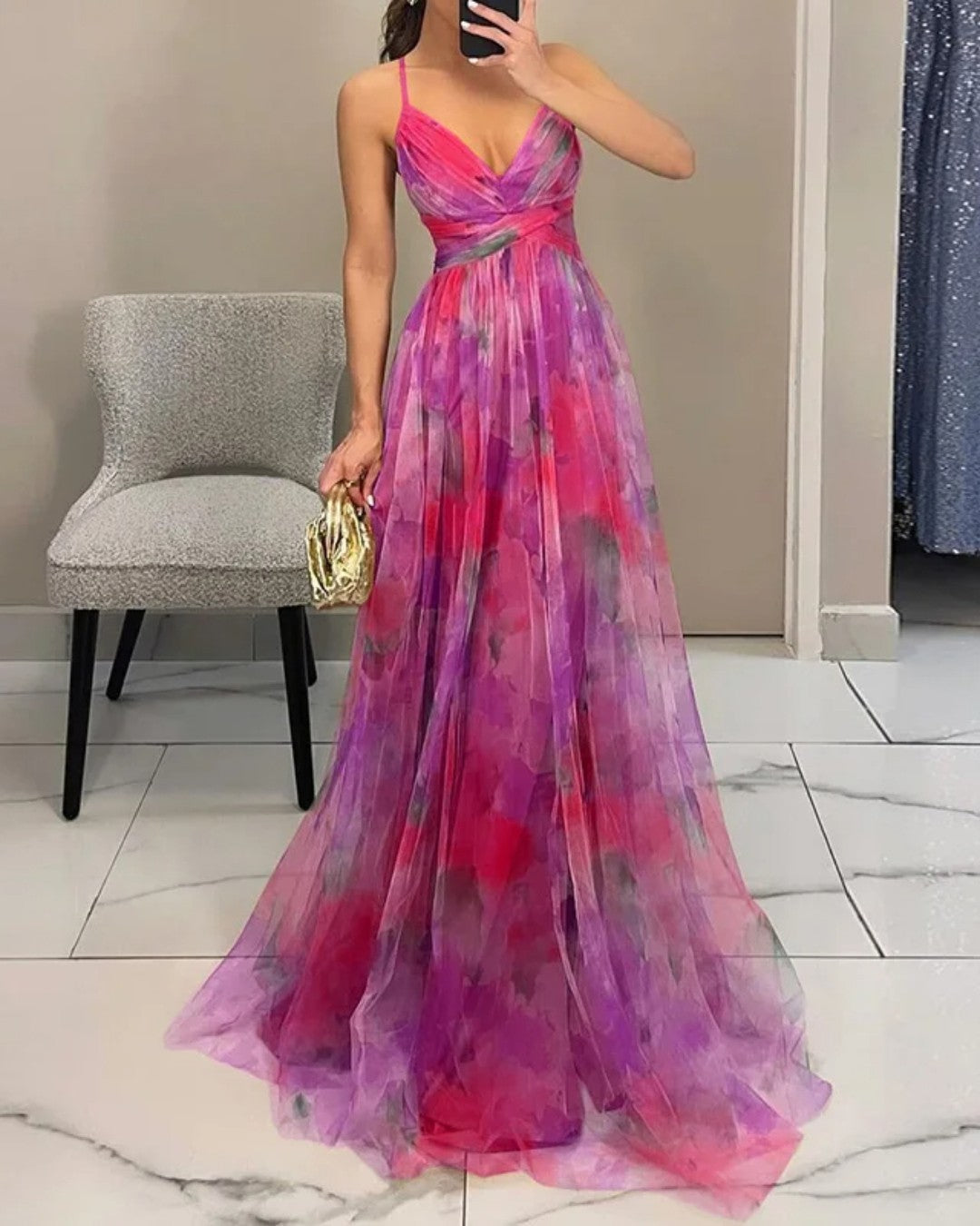 Helena - Women's Flowy Maxi Dress V-Neck Thin Straps Floral Elegance
