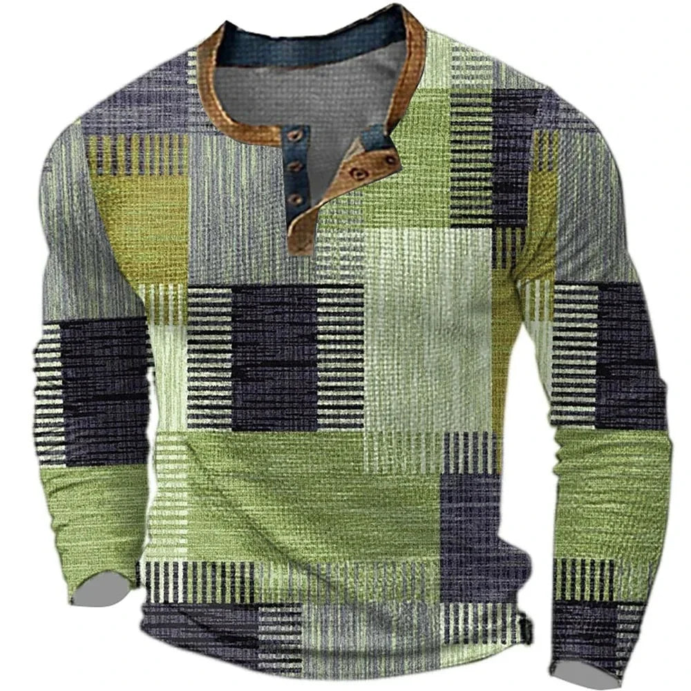 Damian - Men's long-sleeve geometric print Henley neck t-shirt