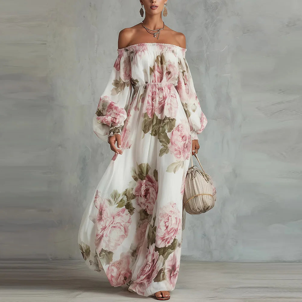 Douceline - Robe maxi fleurie femme épaules dénudées