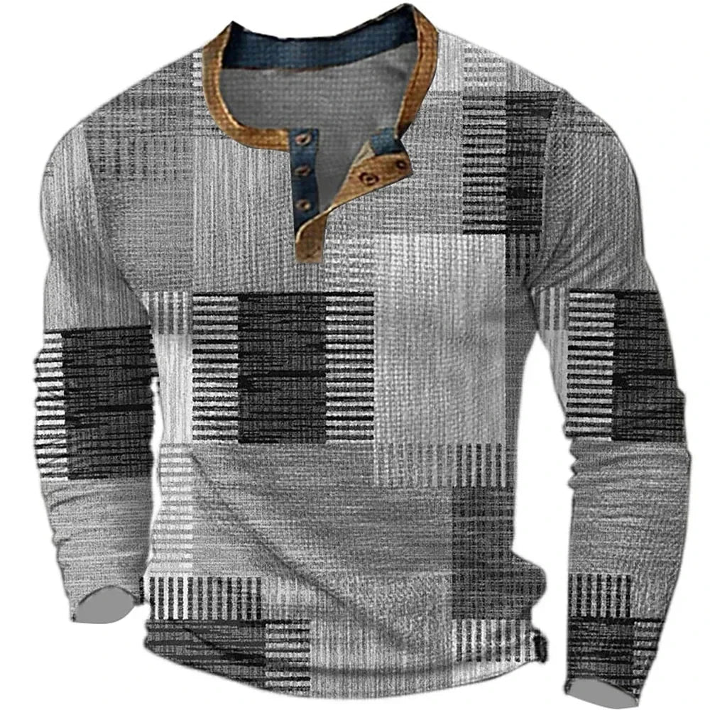 Damian - Men's long-sleeve geometric print Henley neck t-shirt