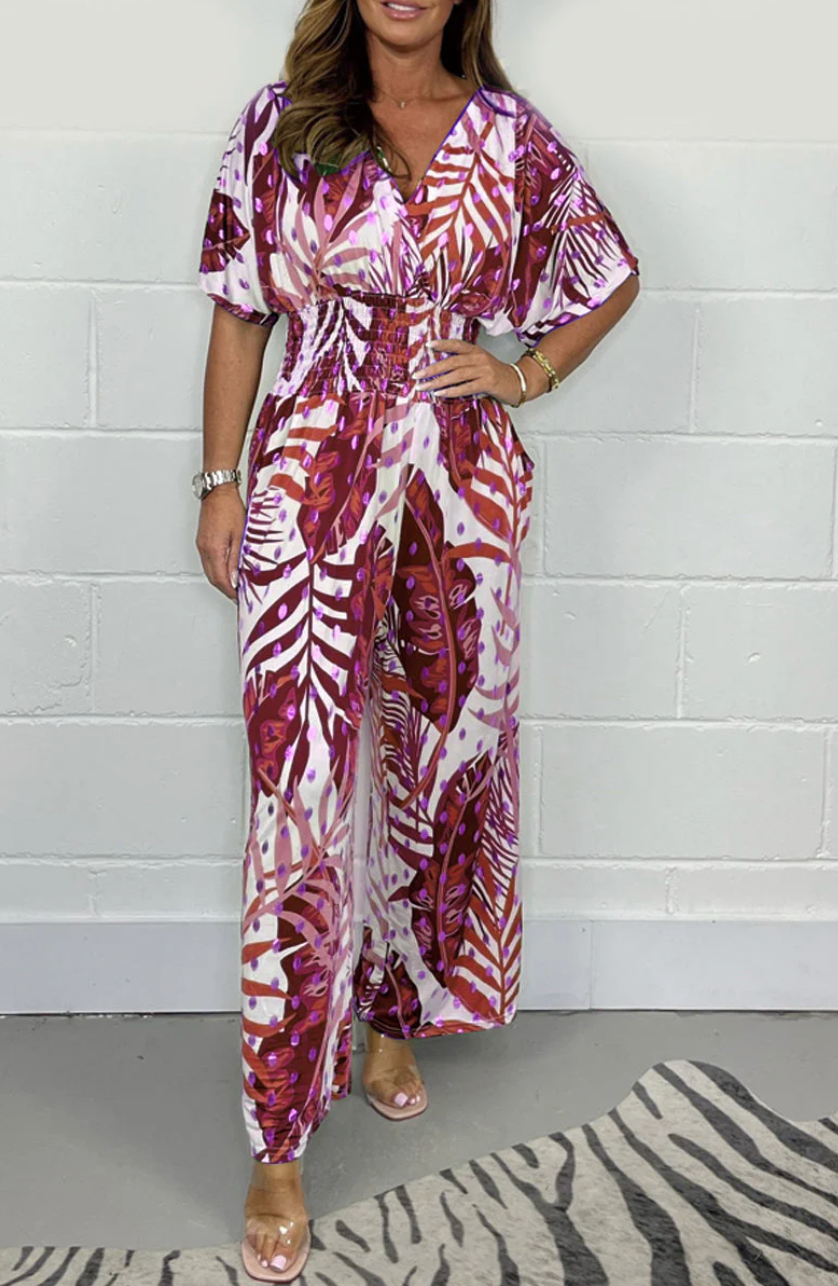 Lucia - Women's flowing tropical short-sleeved V-neck jumpsuit