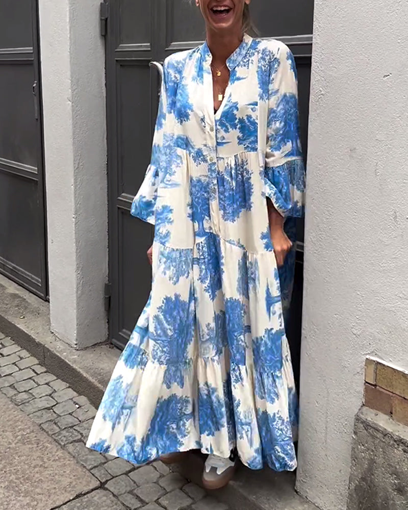 Greta - Loose Patchwork Dress with V-Neck and Printed Bell Sleeves