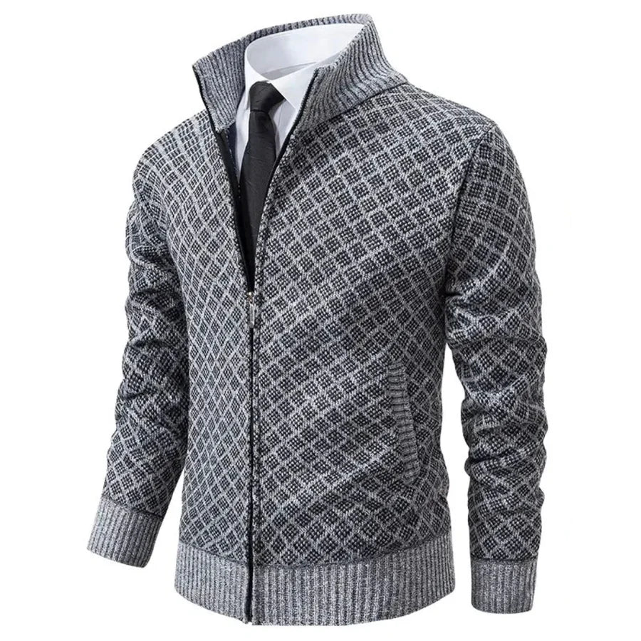 Fabian - Men's zipped stand-up collar cardigan, modern fit jacquard knit