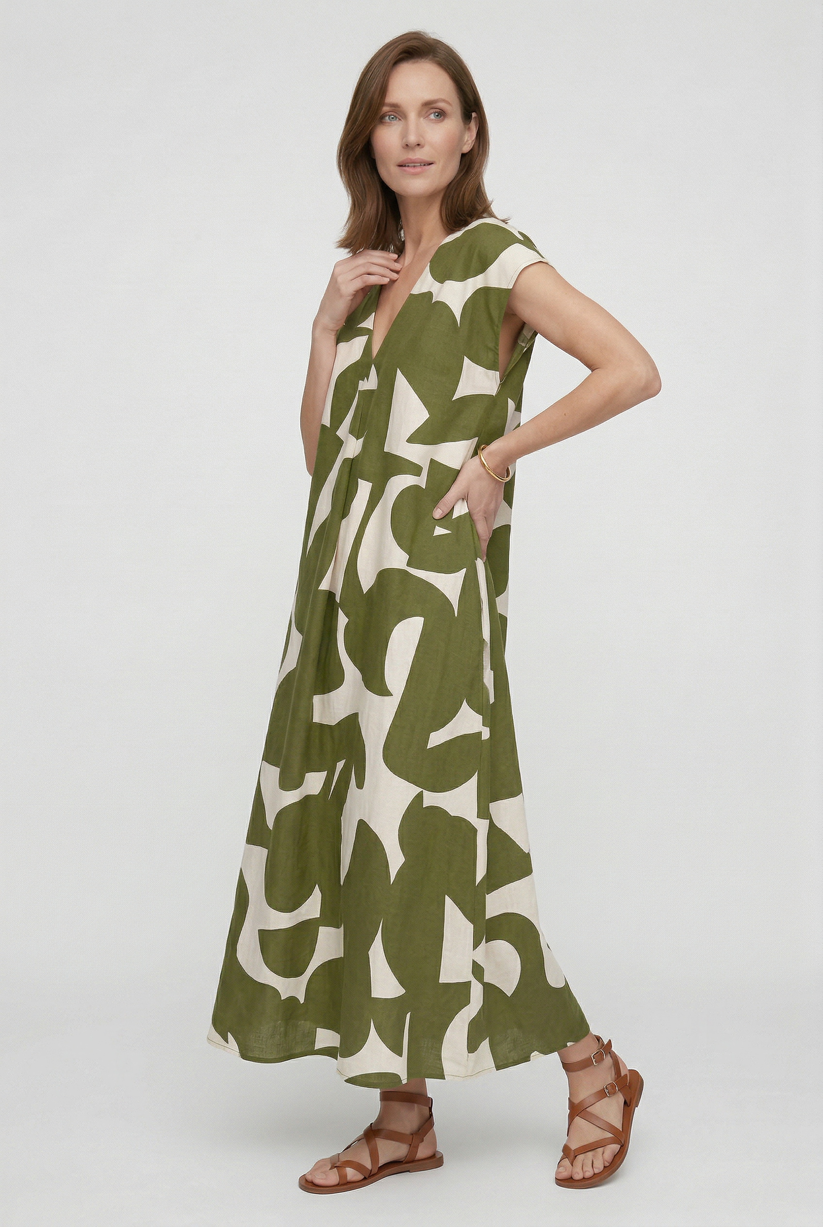Heliorae - Robe longue femme à col V avec imprimé abstrait