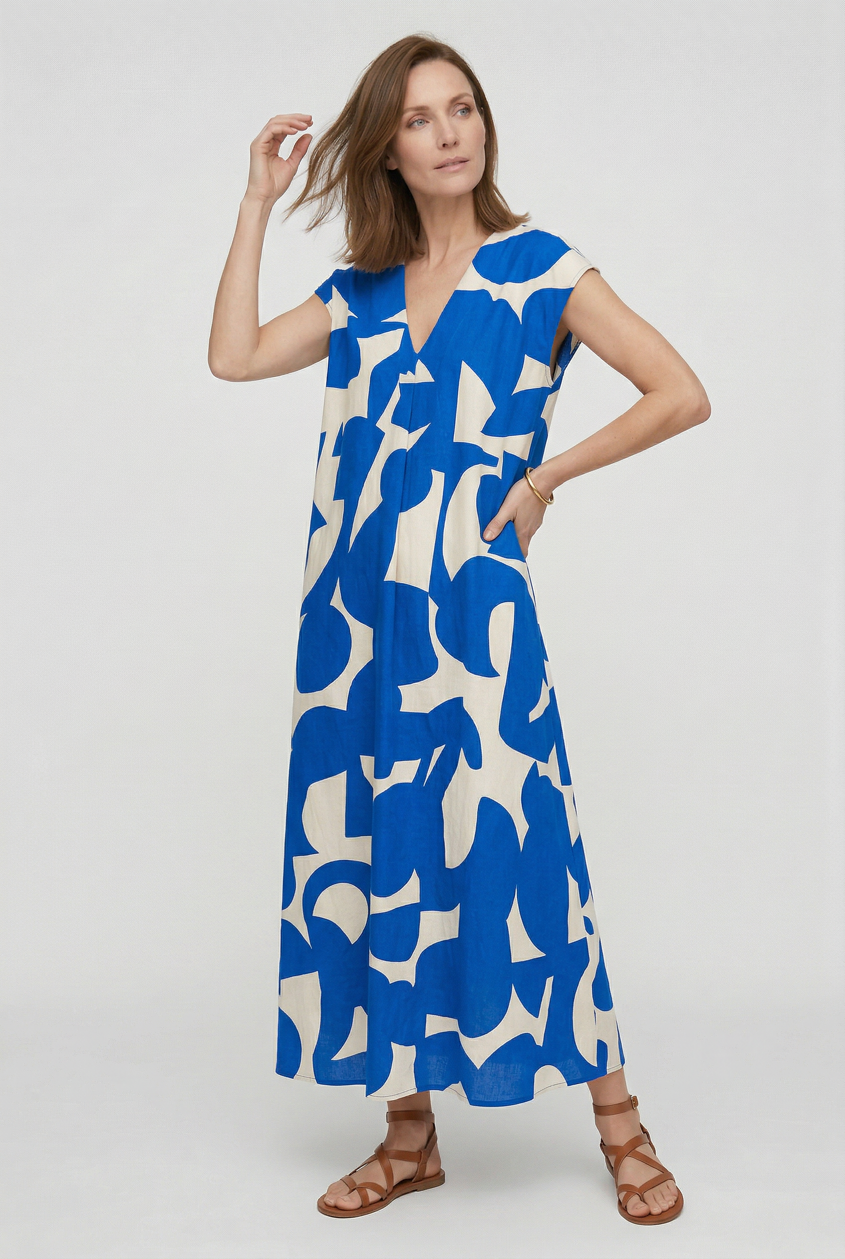 Heliorae - Robe longue femme à col V avec imprimé abstrait