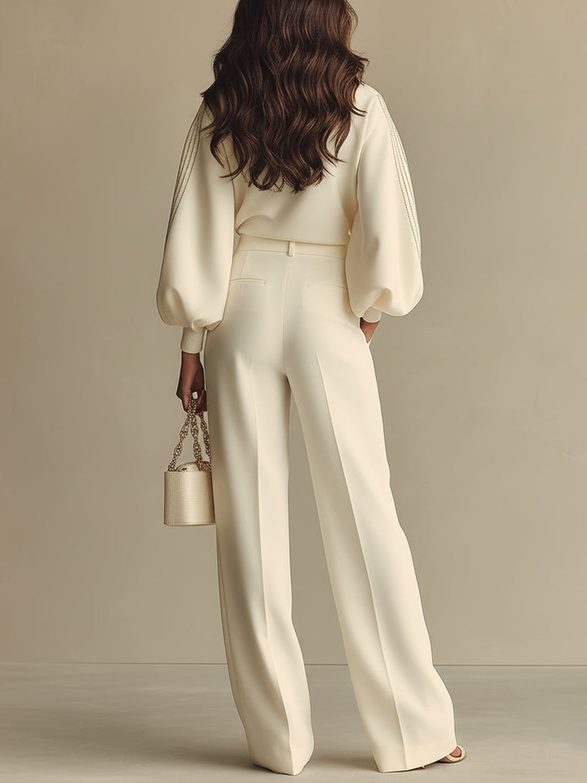 Oliveth - Elegant Women's Set with Textured Top and Flowy Wide-Leg Pants