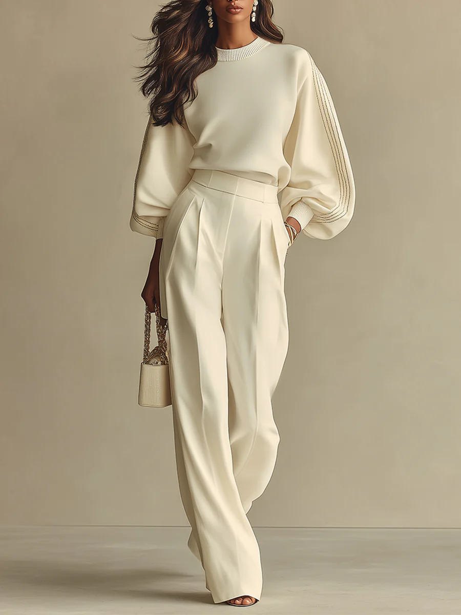 Oliveth - Elegant Women's Set with Textured Top and Flowy Wide-Leg Pants