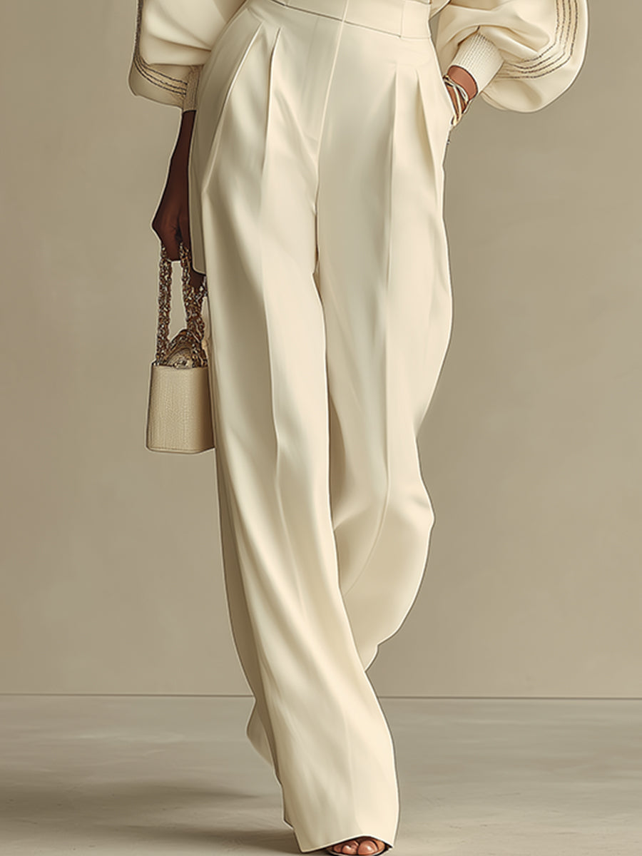 Oliveth - Elegant Women's Set with Textured Top and Flowy Wide-Leg Pants