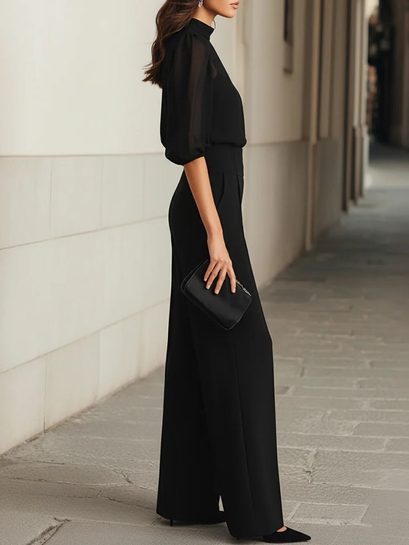 Loxirae - Women's Stylish Black Wide-Leg Pants and Flowy Top Set