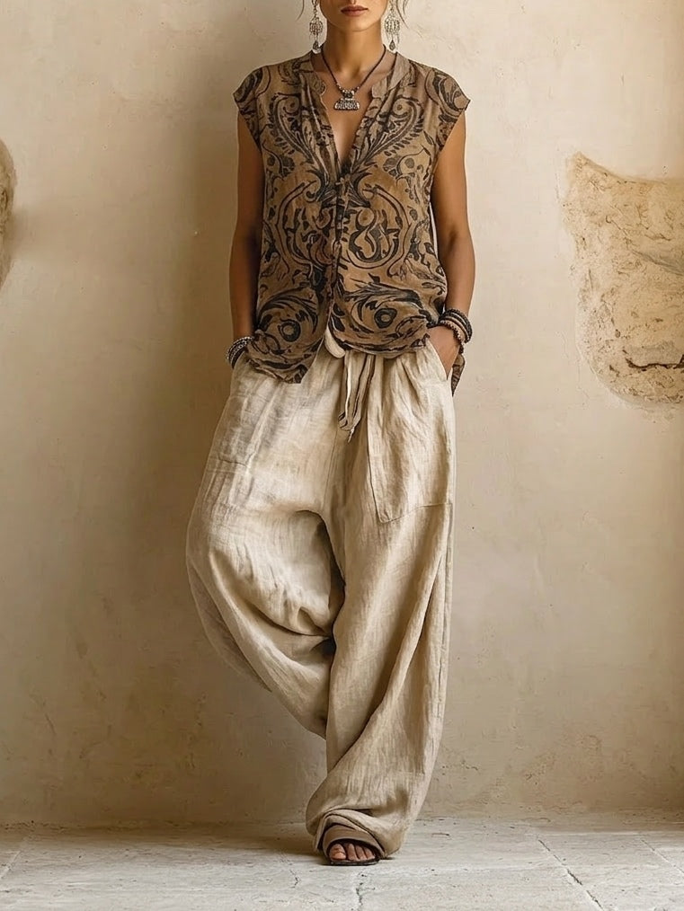 Ravelyn - 3-piece women's linen cotton set top cardigan wide leg pants