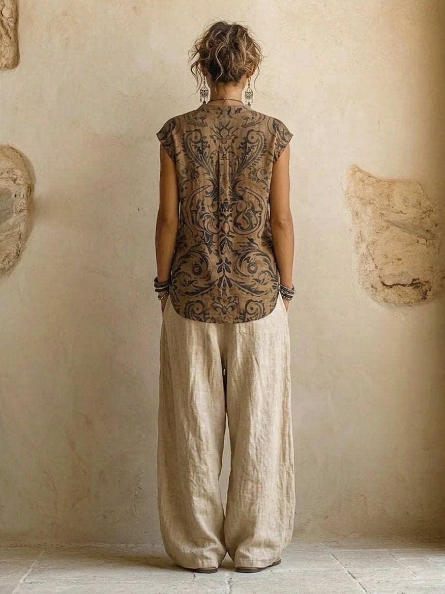 Ravelyn - 3-piece women's linen cotton set top cardigan wide leg pants