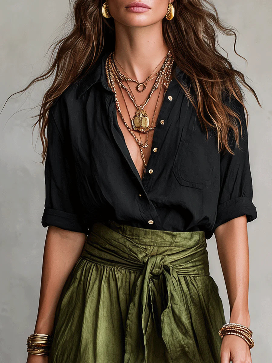 Cazellea - Women's Two-Piece Set, Elegant Black T-Shirt and High-Waisted Midi Skirt