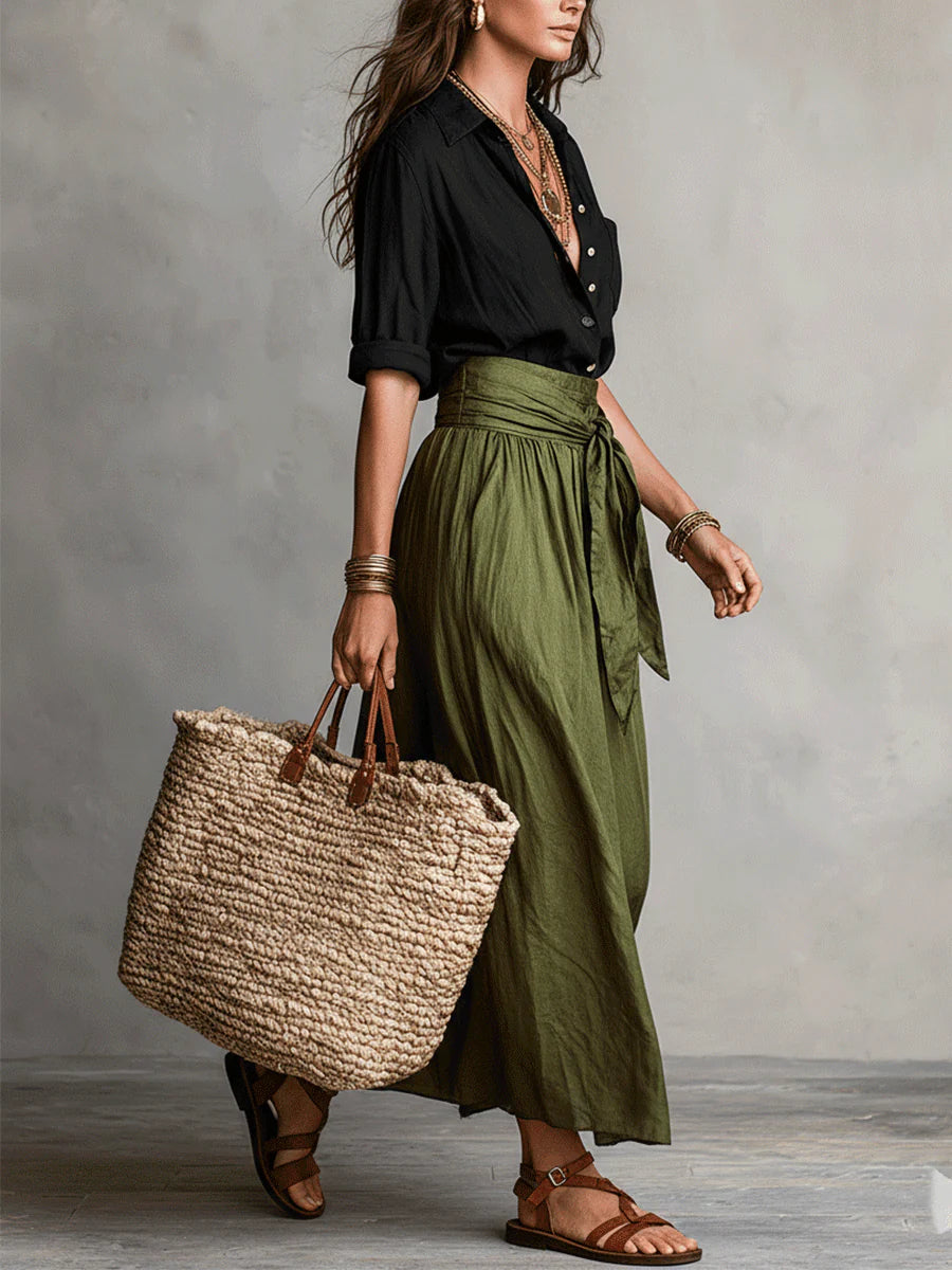 Cazellea - Women's Two-Piece Set, Elegant Black T-Shirt and High-Waisted Midi Skirt