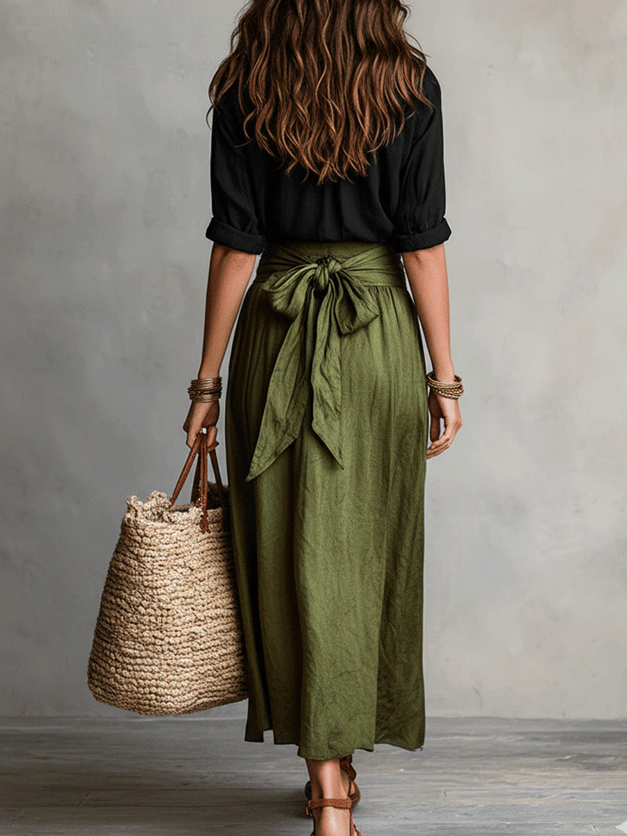 Cazellea - Women's Two-Piece Set, Elegant Black T-Shirt and High-Waisted Midi Skirt
