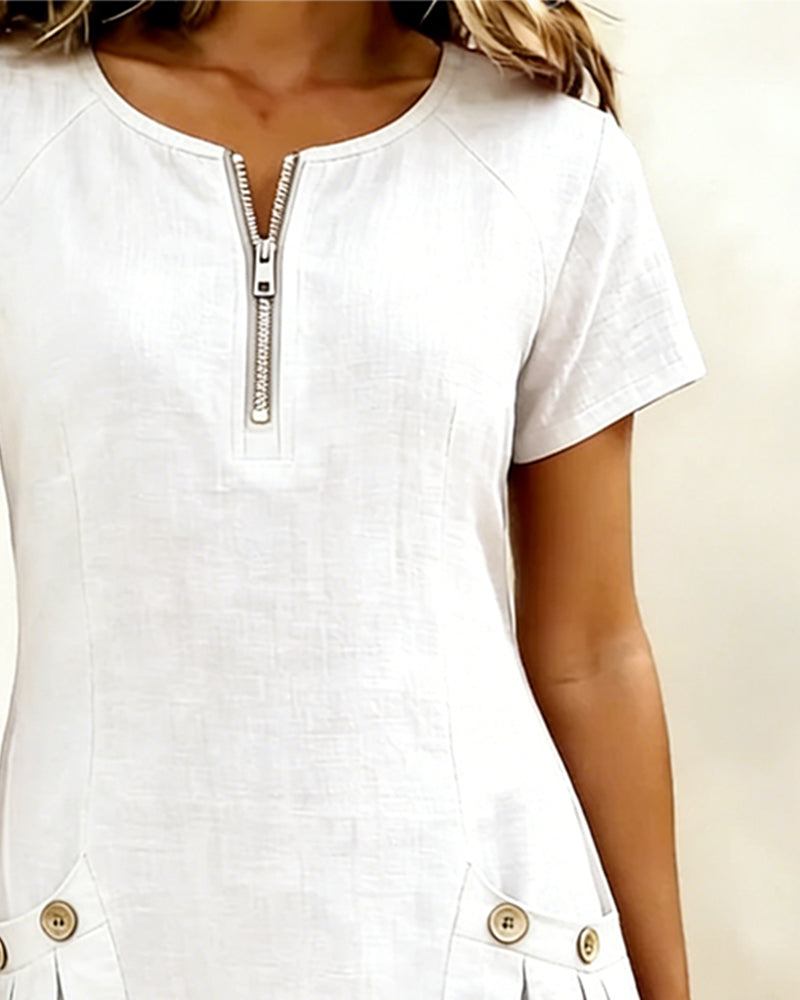 Kovira - Cotton Linen Short Dress with Zipper and Pockets