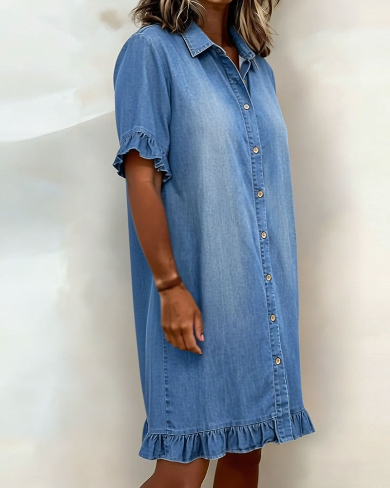 Glytha - Women's Denim Buttoned Dress with Ruffle Sleeves, Straight Casual Cut
