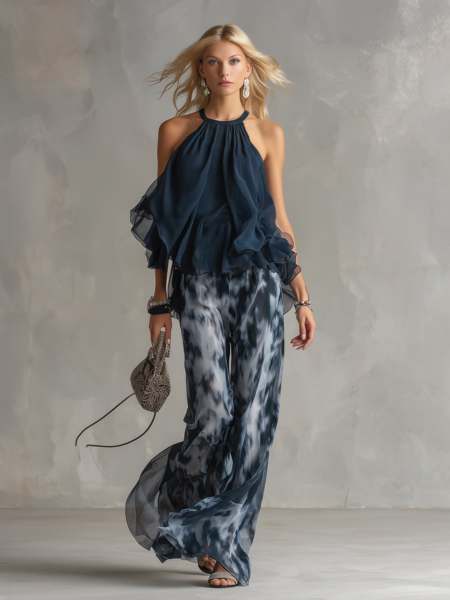 Pheronia - Women's two-piece set chiffon halter neck top wide-leg printed trousers