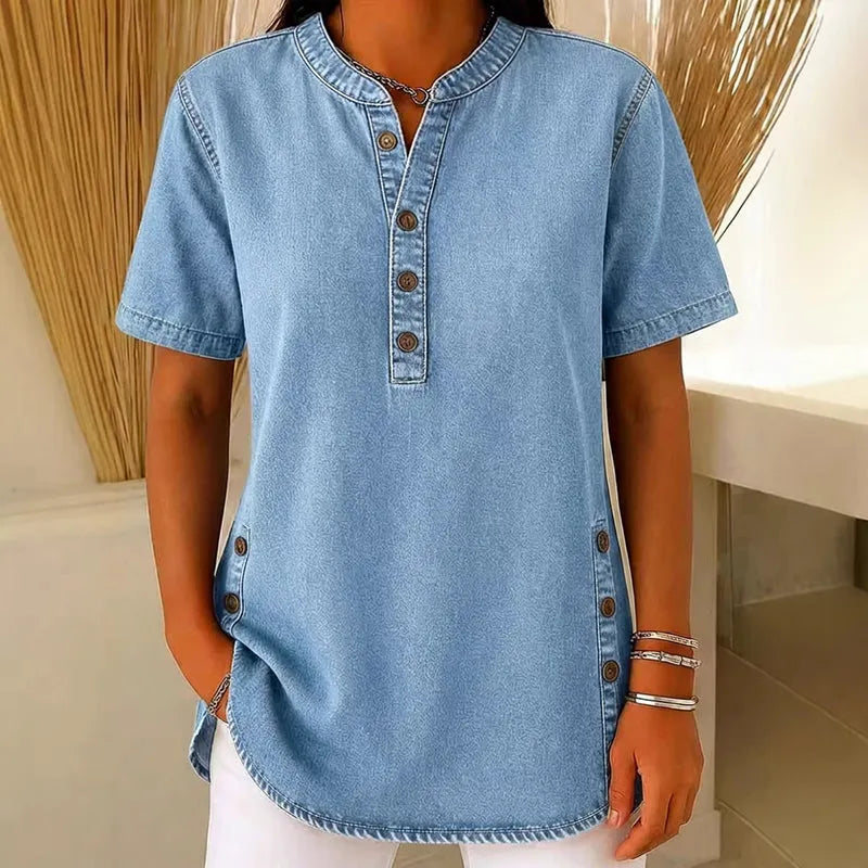 Kynessa - Women's Lightweight Denim Tunic with Short Sleeves and V-Neck