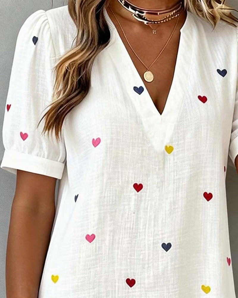 Tivoria - Women's short V-neck dress with heart print, cotton, linen, short sleeves