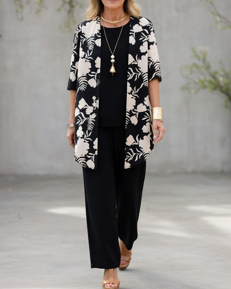 Sabrina - Elegant Three-Piece Women's Outfit: Flowy Cardigan, Top, and Wide-Leg Pants